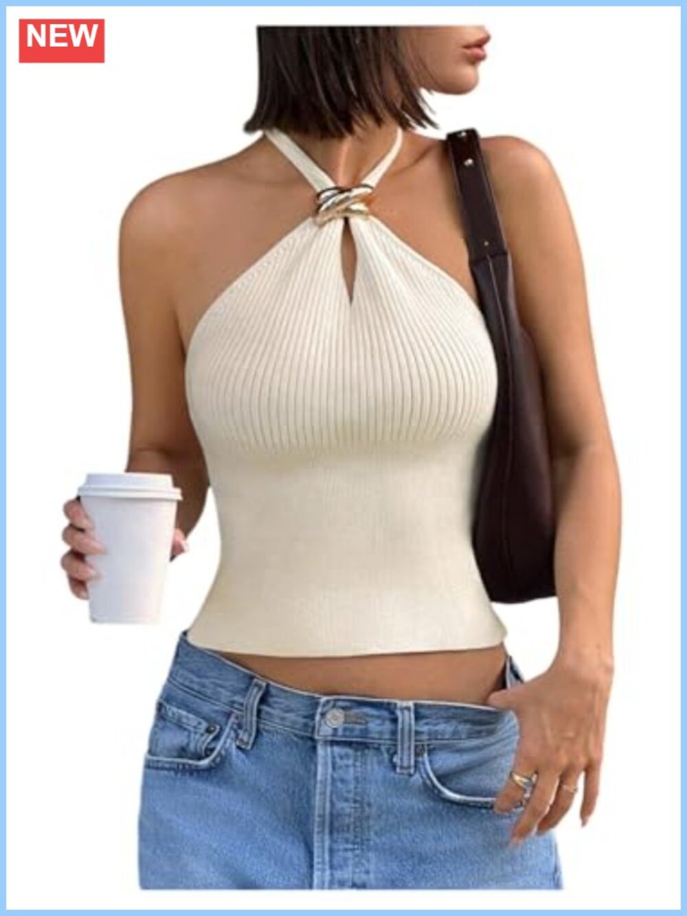 Women's Cropped Halter Top Sleeveless Knit Viscose Racerback Going Out